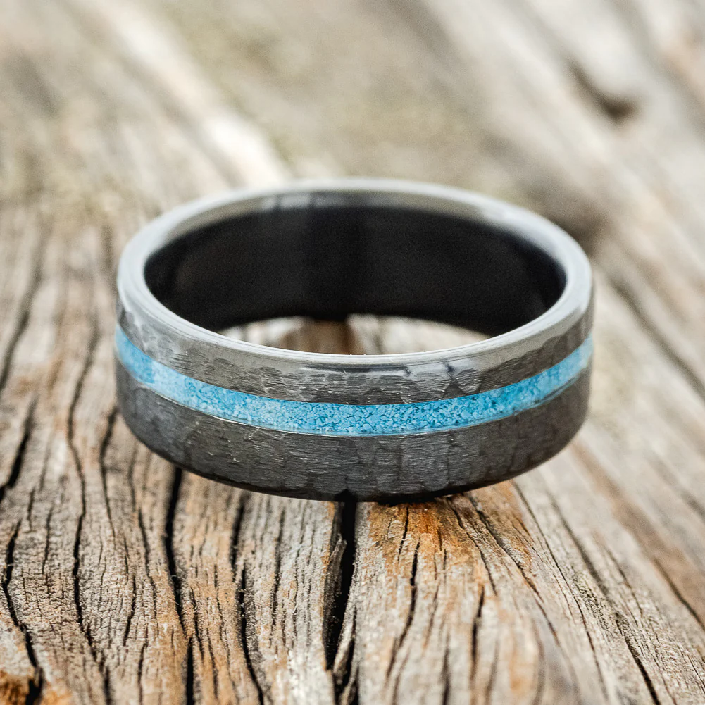 "VERTIGO" - TURQUOISE WEDDING BAND WITH A HAMMERED FINISH - Image 7