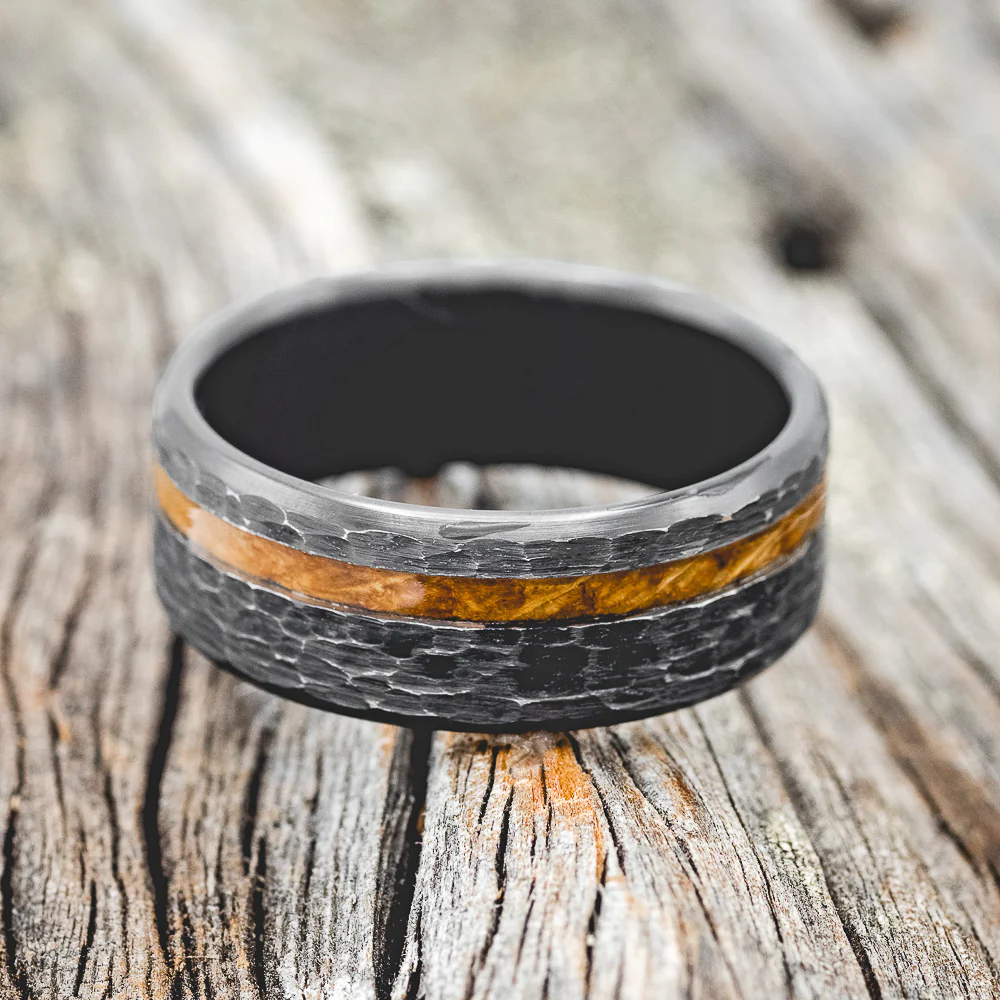 "VERTIGO" - WHISKEY BARREL OAK WEDDING BAND WITH HAMMERED FINISH - Image 10