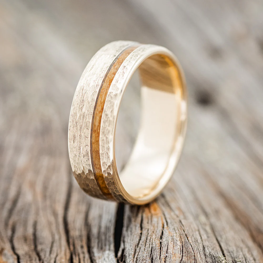 "VERTIGO" - WHISKEY BARREL OAK WEDDING BAND WITH HAMMERED FINISH - Image 11