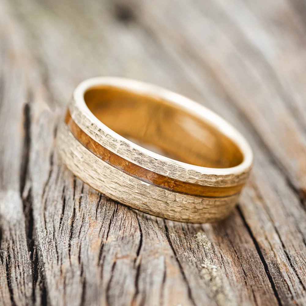 "VERTIGO" - WHISKEY BARREL OAK WEDDING BAND WITH HAMMERED FINISH - Image 12