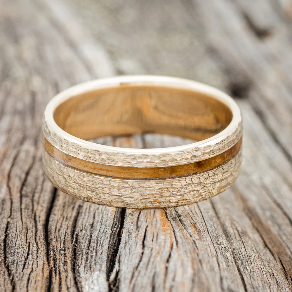"VERTIGO" - WHISKEY BARREL OAK WEDDING BAND WITH HAMMERED FINISH - Image 13