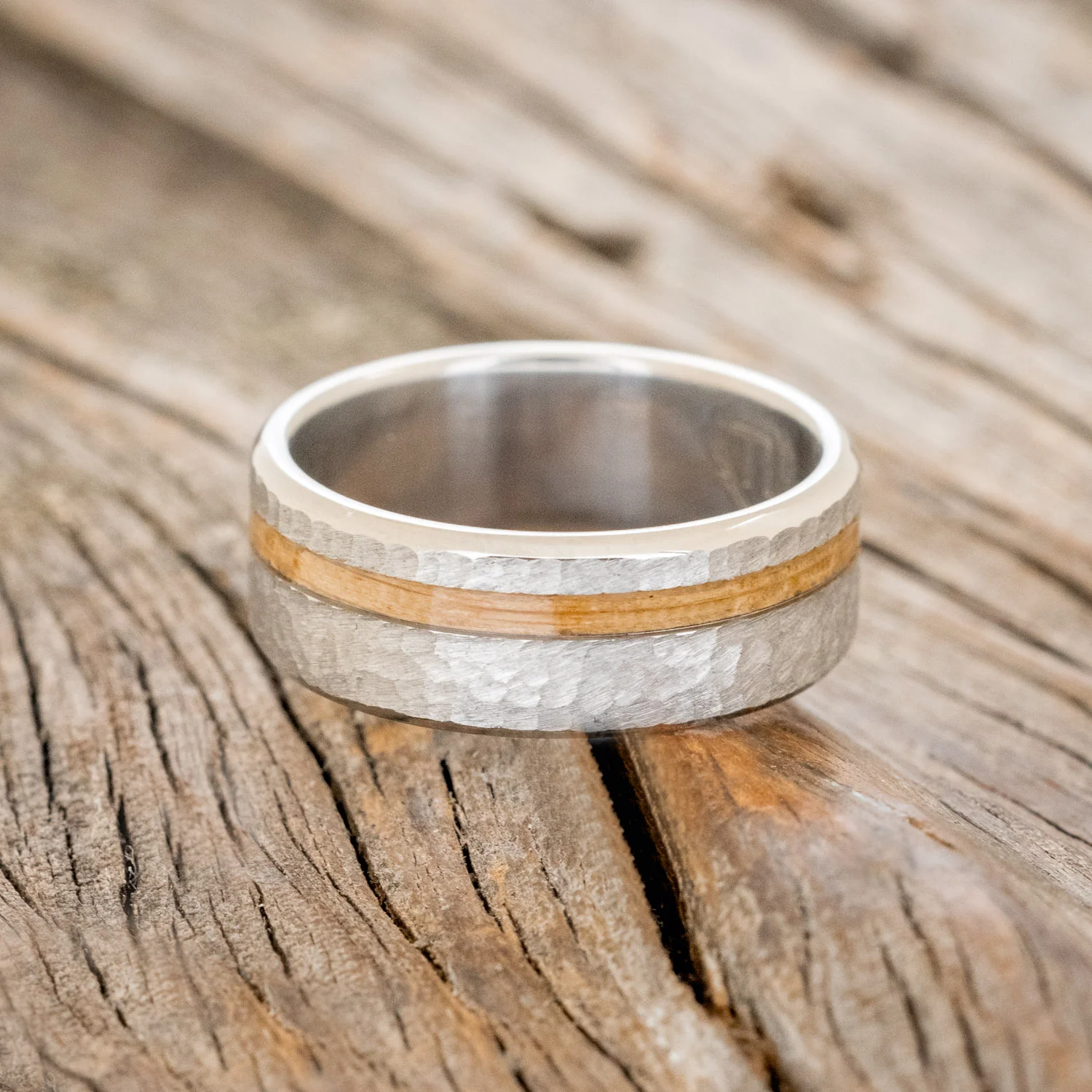 "VERTIGO" - WHISKEY BARREL OAK WEDDING BAND WITH HAMMERED FINISH - Image 3
