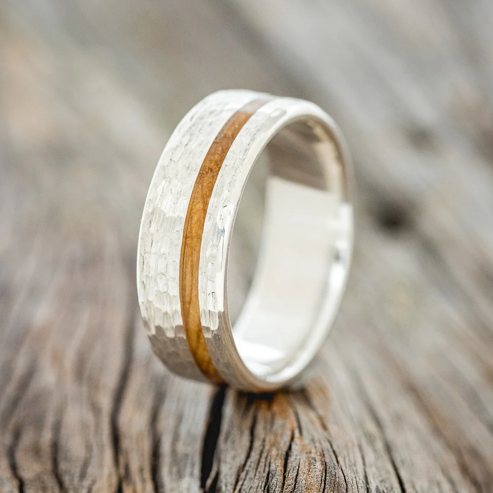 "VERTIGO" - WHISKEY BARREL OAK WEDDING BAND WITH HAMMERED FINISH - Image 4