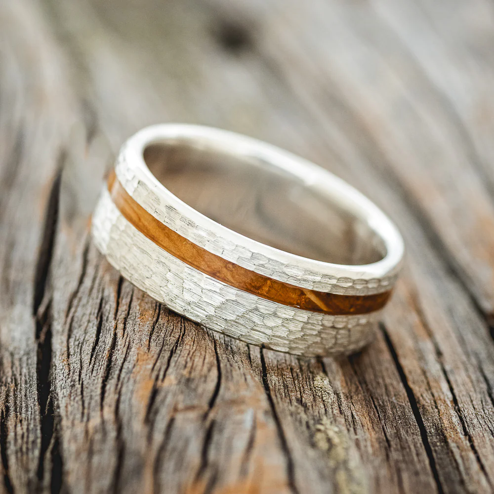 "VERTIGO" - WHISKEY BARREL OAK WEDDING BAND WITH HAMMERED FINISH - Image 5