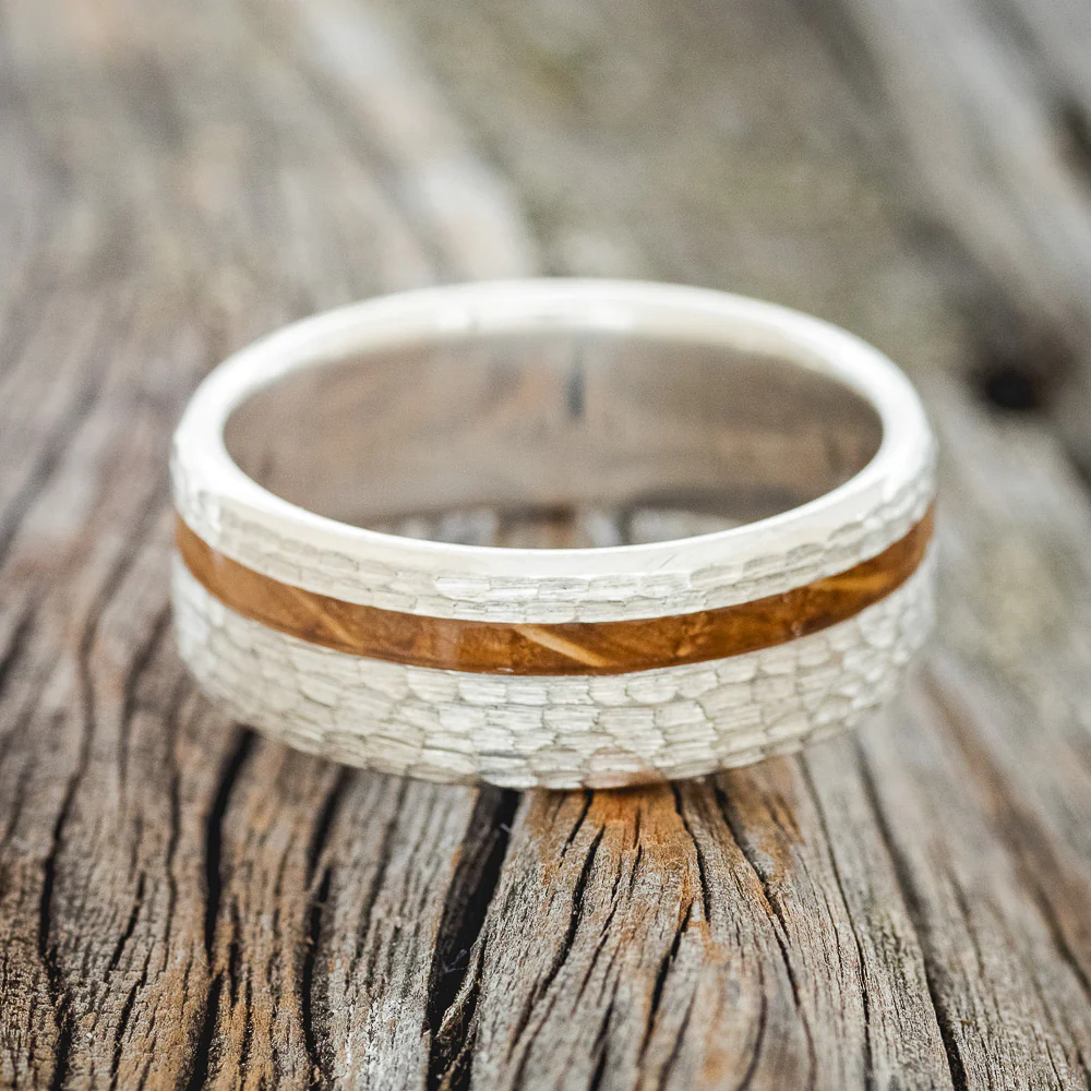 "VERTIGO" - WHISKEY BARREL OAK WEDDING BAND WITH HAMMERED FINISH - Image 6