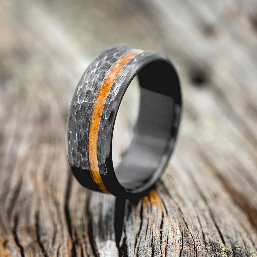 "VERTIGO" - WHISKEY BARREL OAK WEDDING BAND WITH HAMMERED FINISH - Image 7