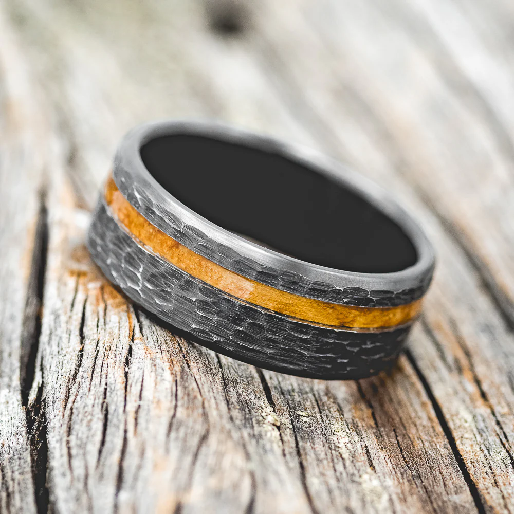"VERTIGO" - WHISKEY BARREL OAK WEDDING BAND WITH HAMMERED FINISH - Image 8