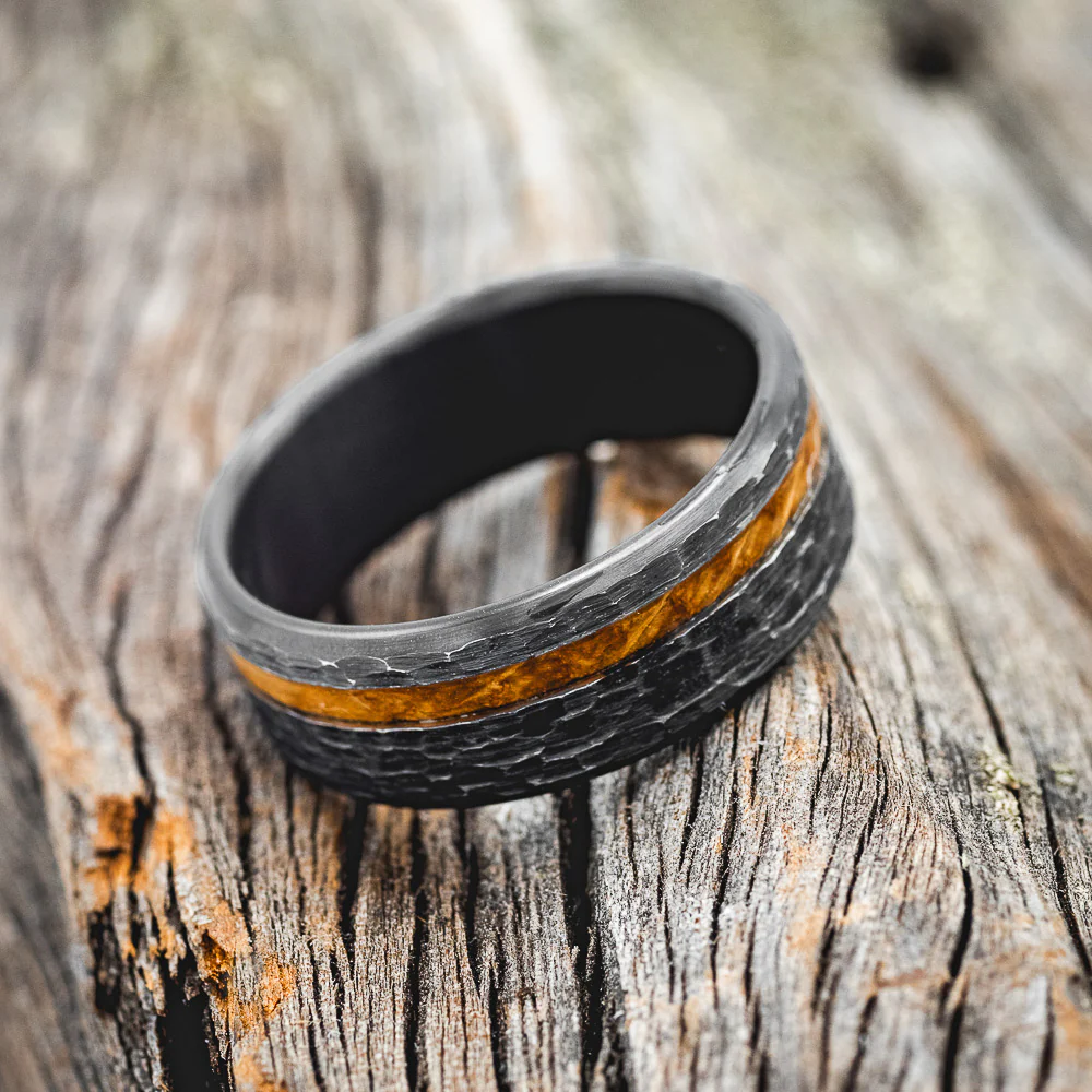 "VERTIGO" - WHISKEY BARREL OAK WEDDING BAND WITH HAMMERED FINISH - Image 9