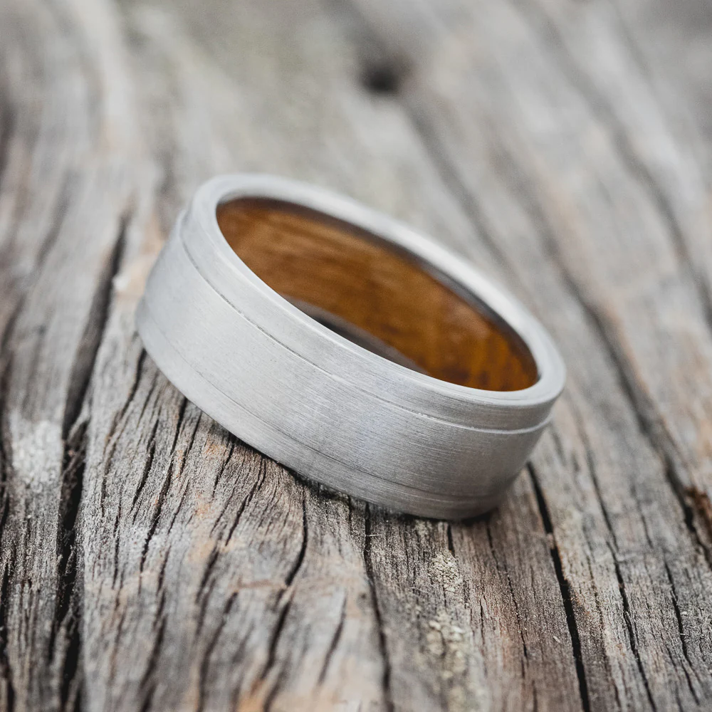 "SEDONA" - WHISKEY BARREL LINED WEDDING RING WITH A BRUSHED FINISH - Image 3