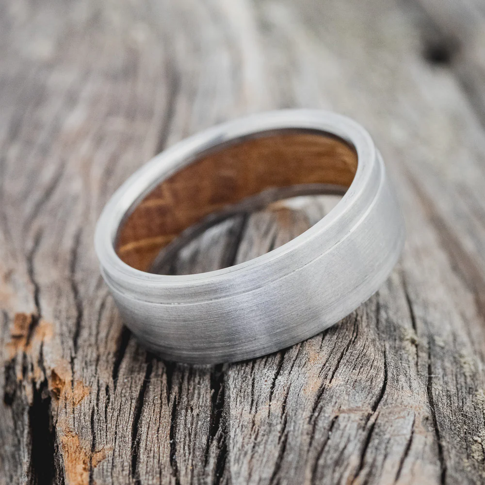 "SEDONA" - WHISKEY BARREL LINED WEDDING RING WITH A BRUSHED FINISH - Image 5
