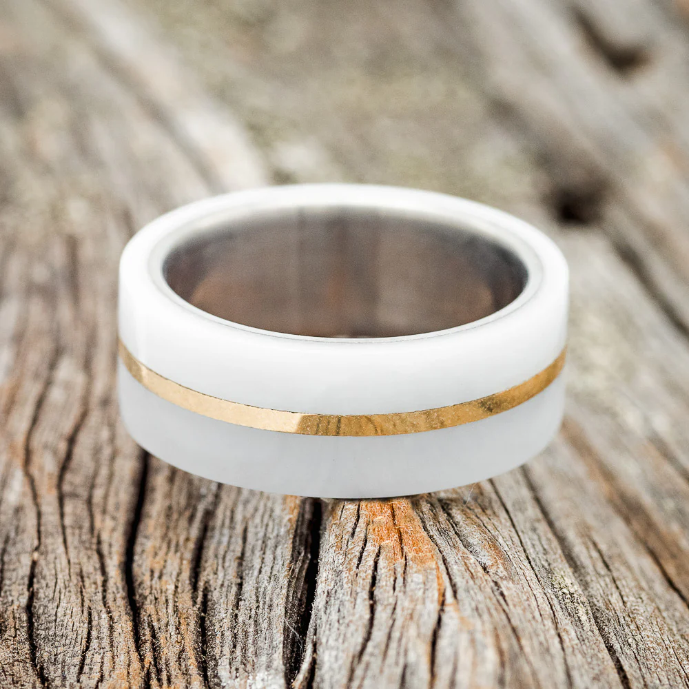 WHITE ACRYLIC & 14K GOLD INLAY WEDDING RING - Image 3