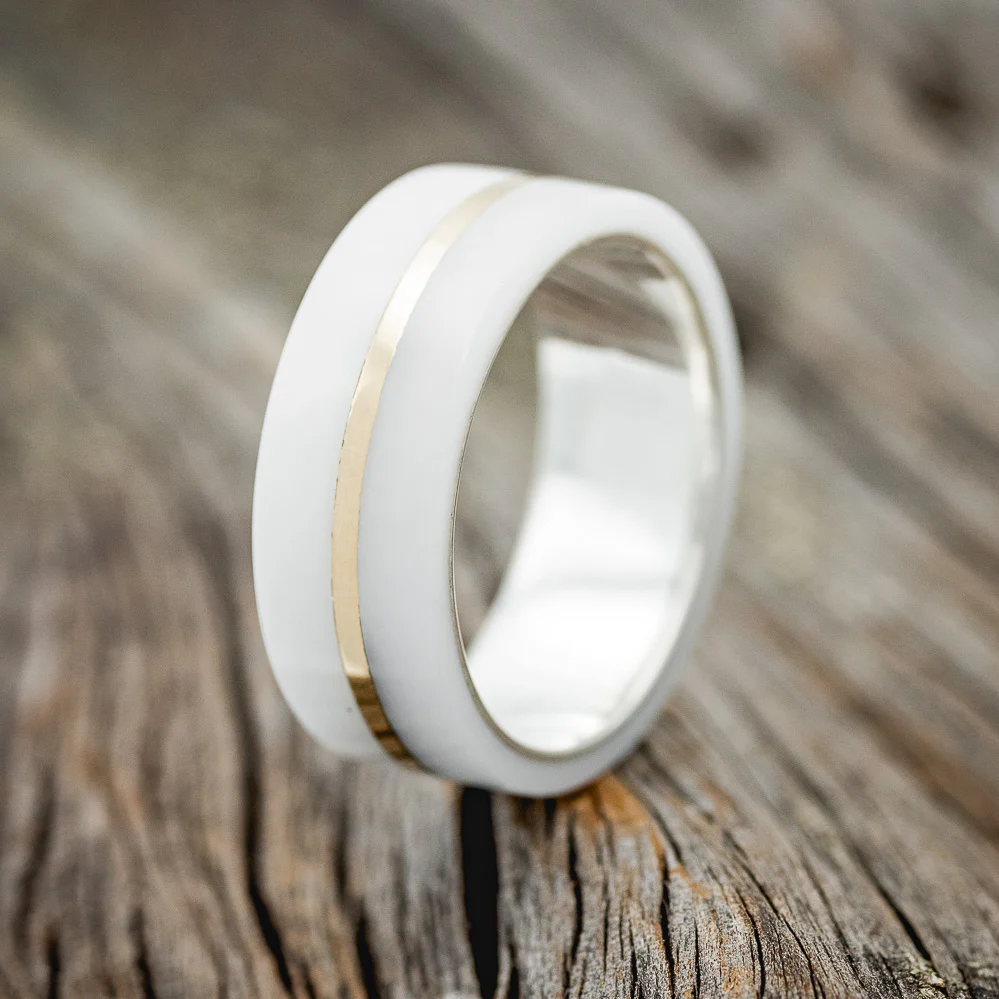 WHITE ACRYLIC & 14K GOLD INLAY WEDDING RING - Image 4