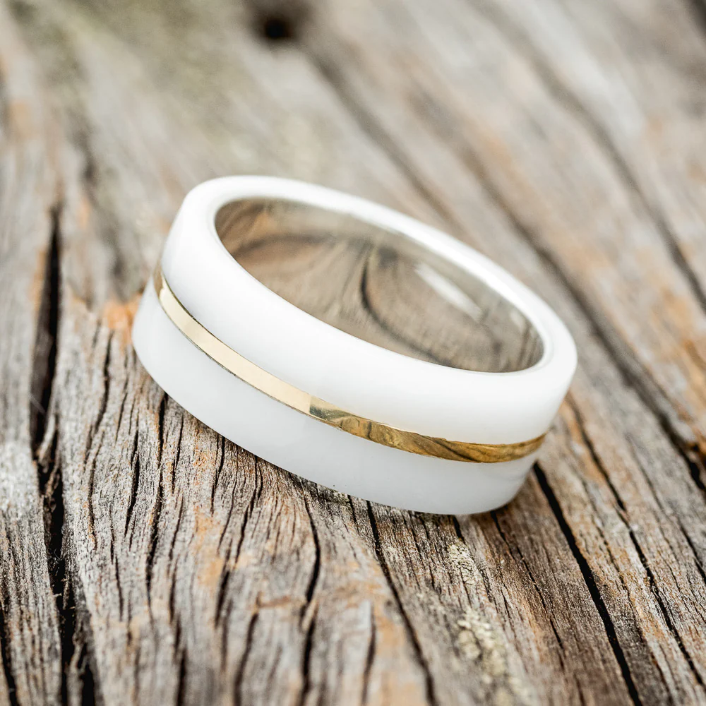 WHITE ACRYLIC & 14K GOLD INLAY WEDDING RING - Image 5