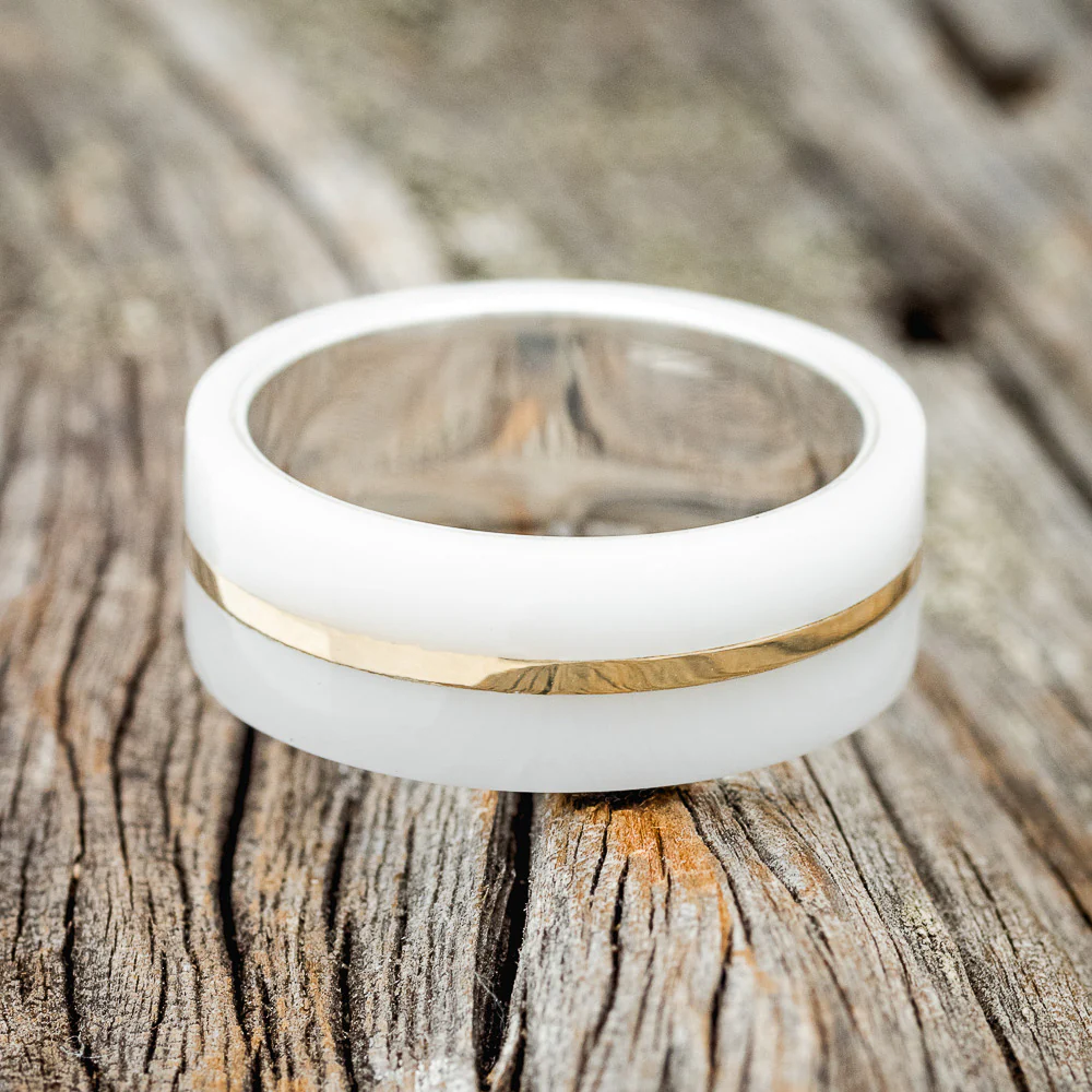 WHITE ACRYLIC & 14K GOLD INLAY WEDDING RING - Image 6